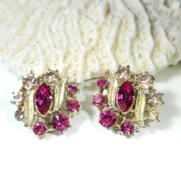 Deep Magenta Rhinestone Vintage Earrings - Picture 8 of 8